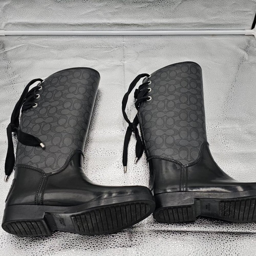 COACH Tristee Waterproof Rain Boots Lace Corset Monogram Logo Tall Black 9 B - Picture 5 of 9